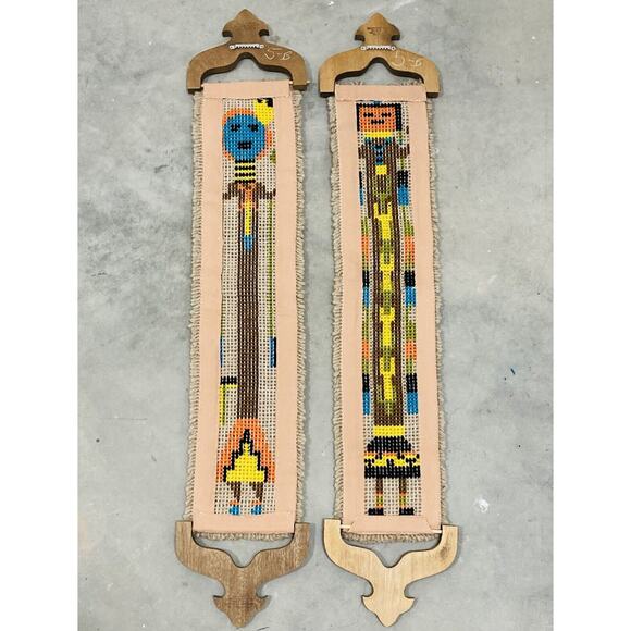 Set 2 Latch hook Wall Hanging Kachina Native American Yei Symbol 46" Vintage Blu - Picture 10 of 16